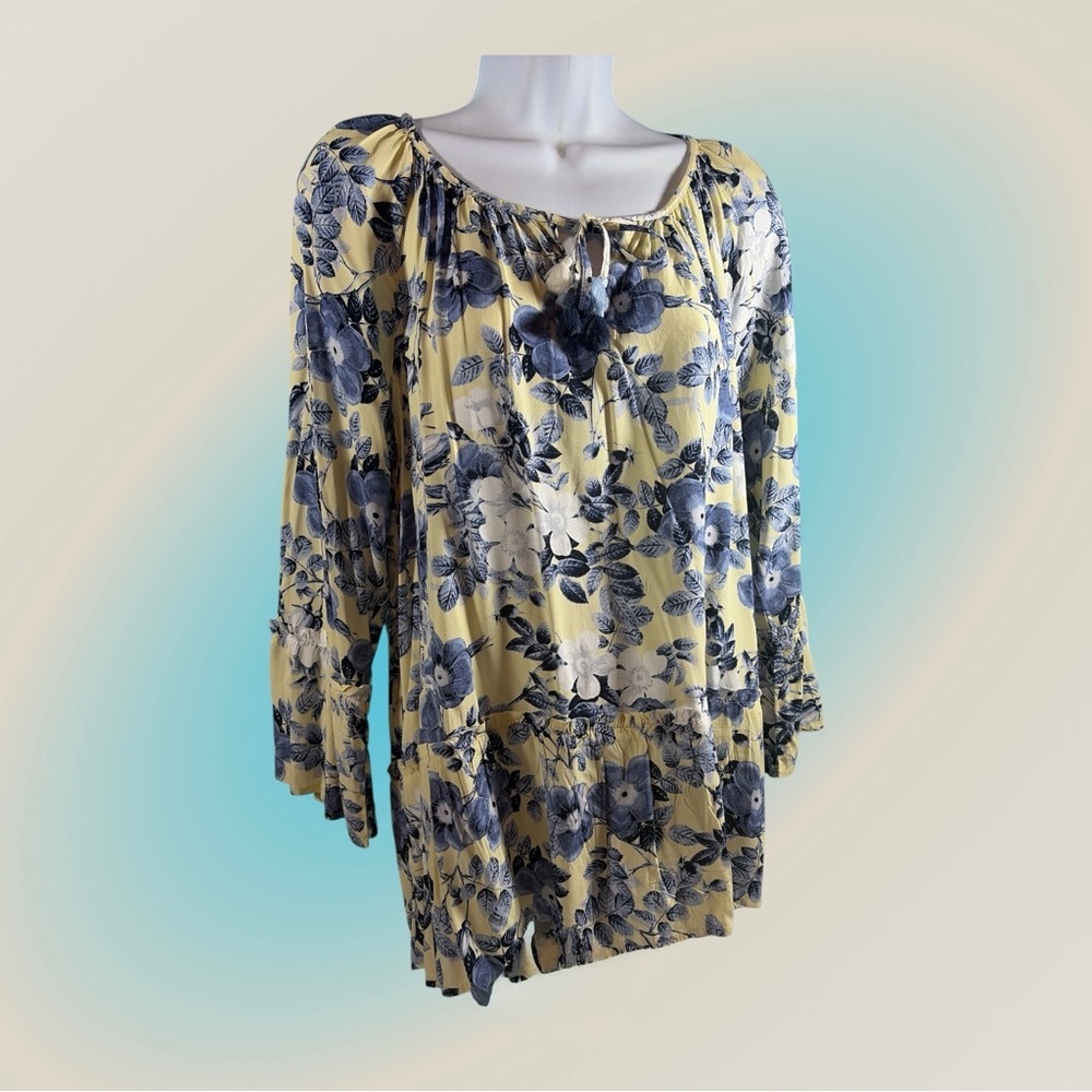 J. Jill Blouse Shirt Womens Medium Blue Yellow Floral 3 Quarter Sleeve Boat Neck